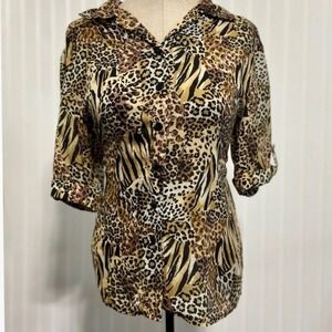 VTG Anna and Frank Button Down Blouse Womens S Silk Y2K Mixed Leopard Print